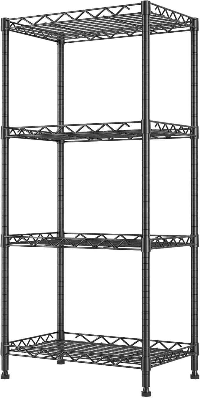 4-Tier Wire Shelf Metal Rack,Narrow Wire Shelving Unit 17.3" Wx11.4 Dx44.3 H,Height Adjustable Storage Pantry Shelves with Lockable Wheels for Kitchen,Laundry,Office,Bathroom Or Small Spaces