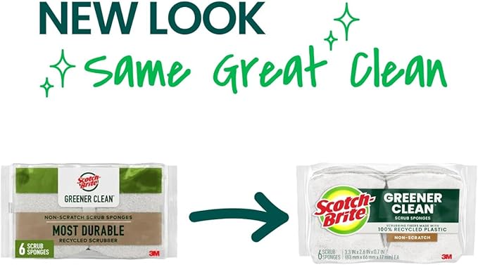 Scotch-Brite Greener Clean Non-Scratch Scrub Sponge, Sponge for Washing Dishes, Cleaning Kitchen, Superior Performance and Made with Sustainable Materials, Dishwasher Safe, 12 Scrub Sponges