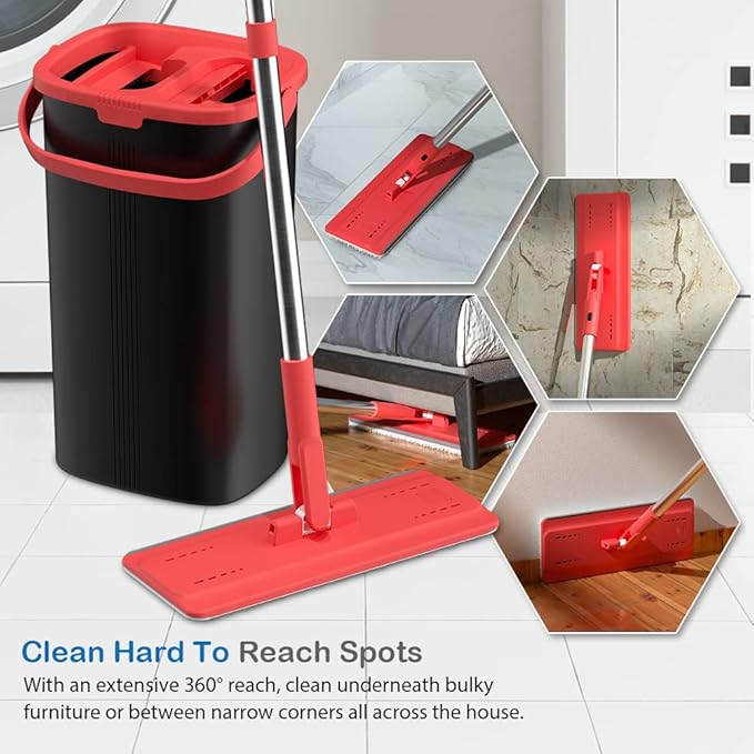 Tethys Flat Floor Mop and Bucket Set for Professional Home Floor Cleaning System with Aluminum Handle/2-Washable Microfiber Pads Perfect Home + Kitchen Cleaner for Hardwood, Laminate, Tiles, Vinyl