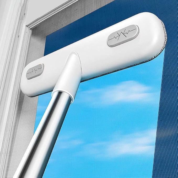 Window Screen Cleaner | 2 in 1 Multifunctional Screen Brush & Floor Cleaner | Extra Long Handle | 4 Foot Handle | Portable Household Squeegee | Includes Cleaning Wipes, White/Gray