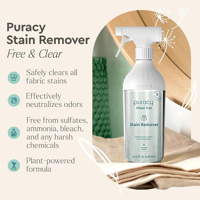 Puracy Natural Stain Remover - Clean Can - Fabric Stain Remover for Clothes Laundry - Stain Treater - Active Enzyme Laundry Stain Remover Spray - Spot Remover for Clothes (Starter Set, Free & Clear)