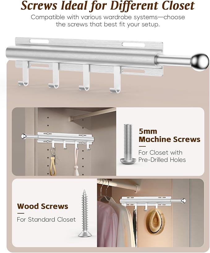 Supforce Valet Rod for Closets, 12" Valet Rod With 4 Hooks, Closet Organizer Slide Out Clothing Hanger Rods Extender Perfect for Suits,Dresses,Belt,Tie, Polished Chrome