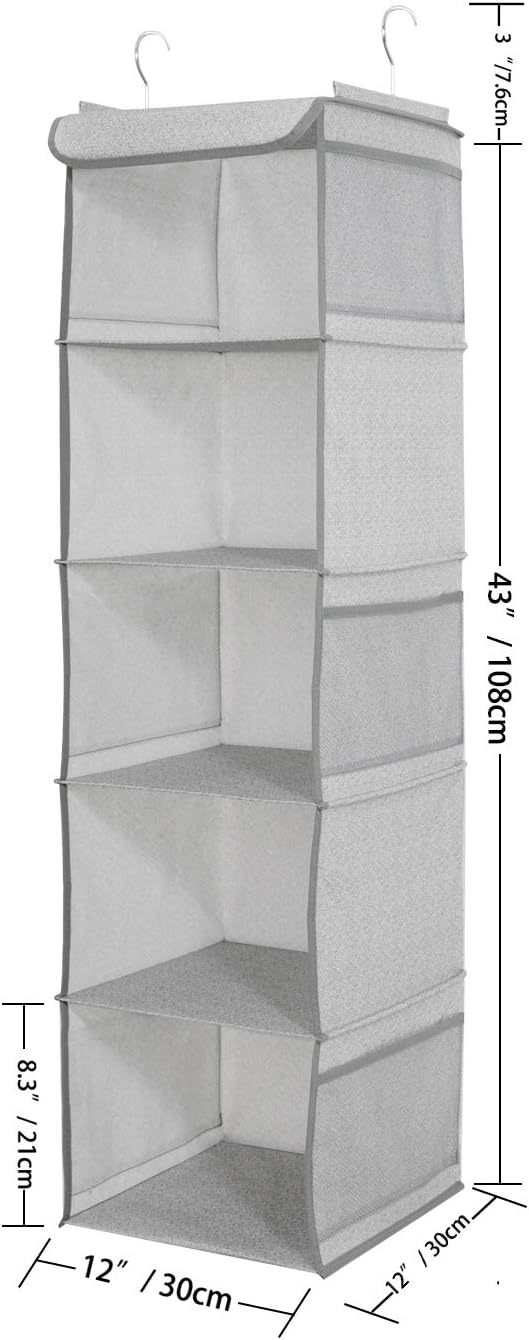BrilliantJo 5 Shelves Hanging Closet Organizer, 2 Pack Hanging Storage with 6 Side Pockets for Clothes Bags, 43"x12"x12"(Light Gray)