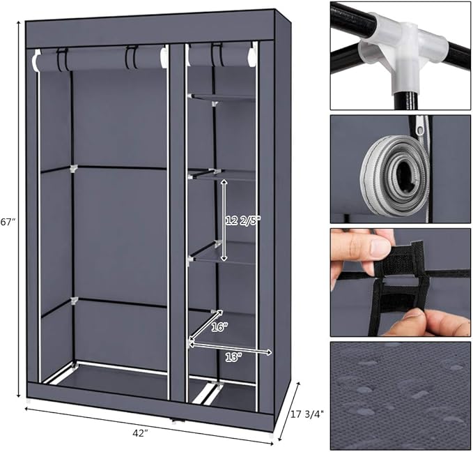 Portable Closet Wardrobe,67'' Closet Storage Organizer Rack with Shelves and Cover for Hanging Clothes, Non-Woven Fabric, Quick and Easy to Assembly (Gray)