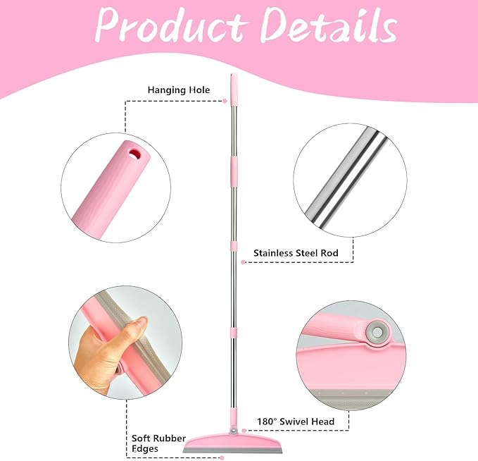 Multifunction Silicone Broom, 54 Inch Adjustable Long Handle Rubber Broom Sweeper for Floor Bathroom Kitchen Shower Pet Hair Glass(Gray Pink)
