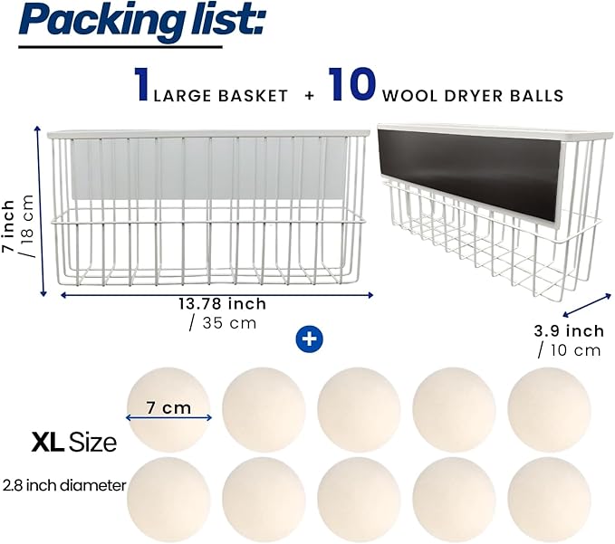 10 XL Wool Dryer Balls Laundry Reusable from New Zealand Wool & Magnetic Dryer Ball Holder - Laundry Wool Dryer Balls Storage Containers: Easy Install Without Tools, Magnetic Basket for Dryer Balls