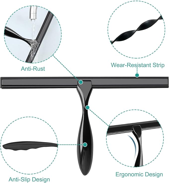 Shower Squeegee for Glass Doors,12-Inch Shower Glass Squeegee, Matte Black Shower Squeegee for Shower Doors,Mirror,Windows, with Shower Door Hook and Adhesive Hook