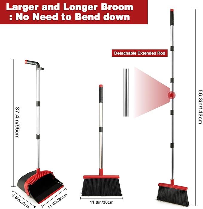 Broom and Dustpan Set for Home, Broom with Dustpan Cleaning Teeth Combo Set, Indoor Sweep Broom with Long Handle for Office Home Kitchen Lobby Floor (Black Red)