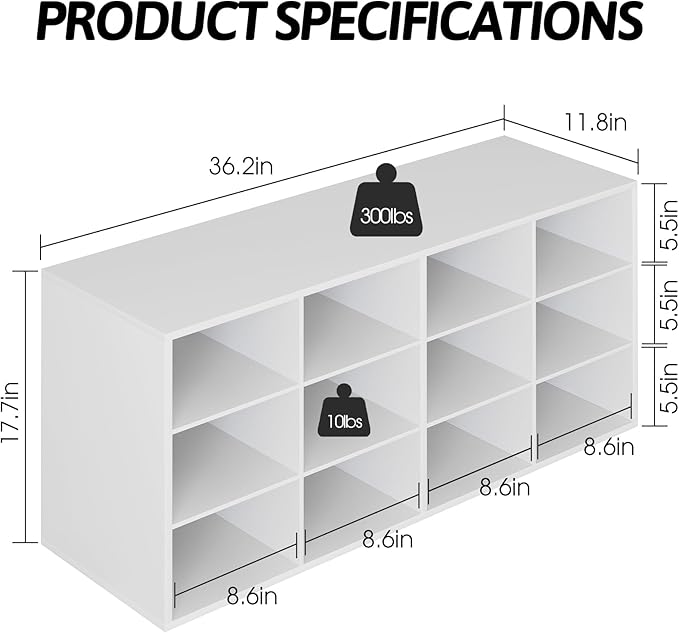 Garden 4 you Shoe Storage Bench, Cubby Shoe Rack with 12 Cubbies, 3-Tier Wood Shoe Rack Organizer, Shoe Organizer Cabinet for Entryway, Hallway, Closet and Garage, White