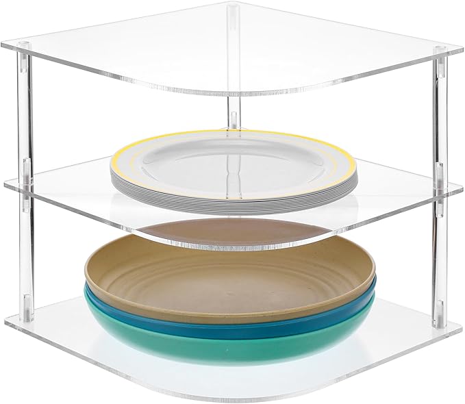 1 Pc Plate Organizer for Cabinet Space Saver - Clear Acrylic Corner Shelf for Dishes, Bowls - 3-Tier Kitchen Cabinet Plate Organization, Dinner Plates Holder, and Small Shelf for Bathroom Storage
