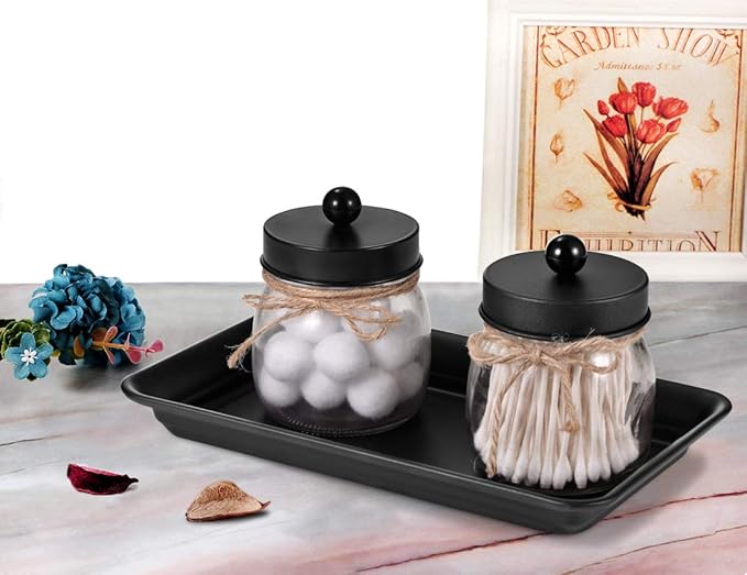 Vintage Farmhouse Decor Metal Vanity Tray(2 Pack),Countertop Guest Hand Towel Storage Organizer Tray Dispenser, Sturdy Holder for Perfume,Cosmetics, Jewelry, Makeup Bathroom Organizer (Black)
