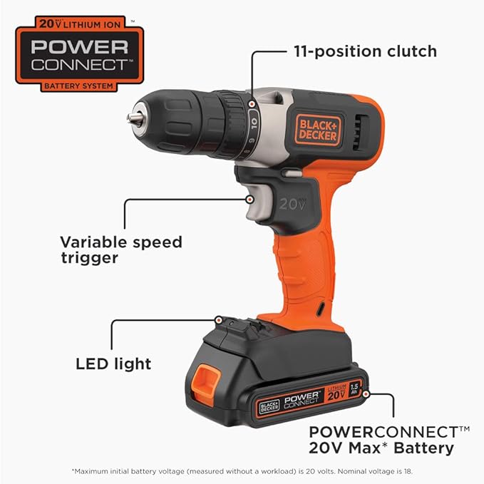 BLACK+DECKER 20V MAX Cordless Drill Kit with ‎Battery, Charger, Includes Double Sided Drill Bit (BCD702C1)
