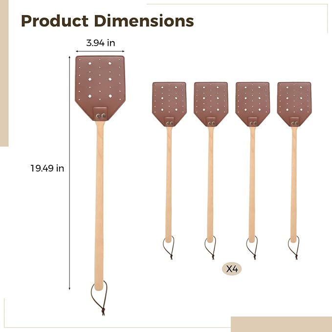 4 Pcs Leather Fly Swatters for Indoors, Manual Long Handle Mosquito Control, Wooden Grip with Perforated Head, Long-Lasting Washable Multi-Pack