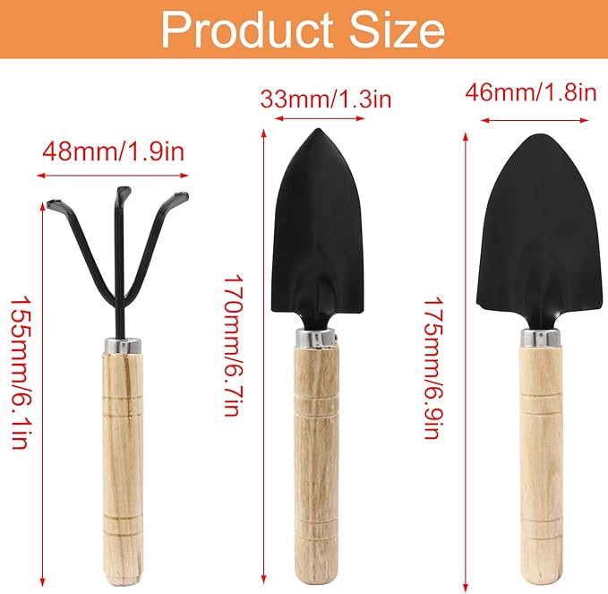 Waziaqoc 3Pcs Mini Garden Tools, Small Indoor Gardening Tools Includes Hand Shovel, Transplant Spade, Hand Rake with Wood Non Slip Handle for Plant Succulent, Flower, Vegetables