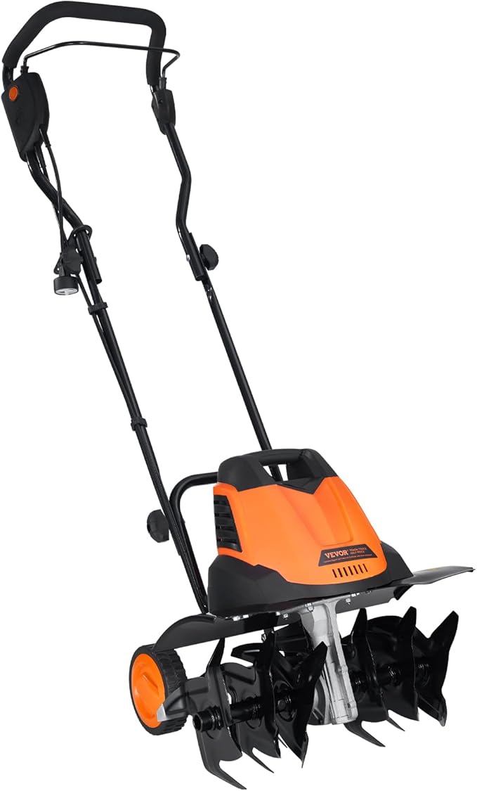 VEVOR 12 Amp Electric Tiller, 18" Tilling Width & 3.94" Tilling Depth, Corded Electric Cultivator with Adjustable Wheels, Steel Mn Tines, Rototiller for Garden Lawn Easy Soil Digging Cultivation