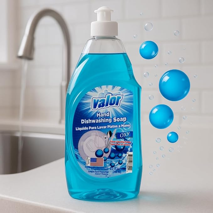 Valor Dishwashing Liquid, 25 fl oz – Dish Soap for Kitchen & Bathroom, Grease-Fighting, Gentle on Hands, Fast Rinse, Eco-Friendly Biodegradable Formula (25 fl oz (Pack of 12), Oxy Power)