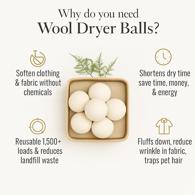 Wool Dryer Balls for Baby – XL 6-Pack with Mesh Bag – Baby Safe, Hypoallergenic, 100% New Zealand Wool – Chemical-Free Fabric Softener for Baby Clothes – White