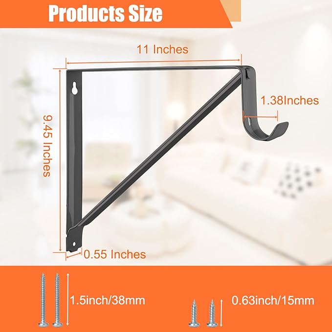 10 Pack Heavy Duty Closet Shelf & Rod Brackets, Wall Mounted Closet Shelf Brackets, 11 x 9.45 Inch Closet Shelf Brackets with Rod Support, Black