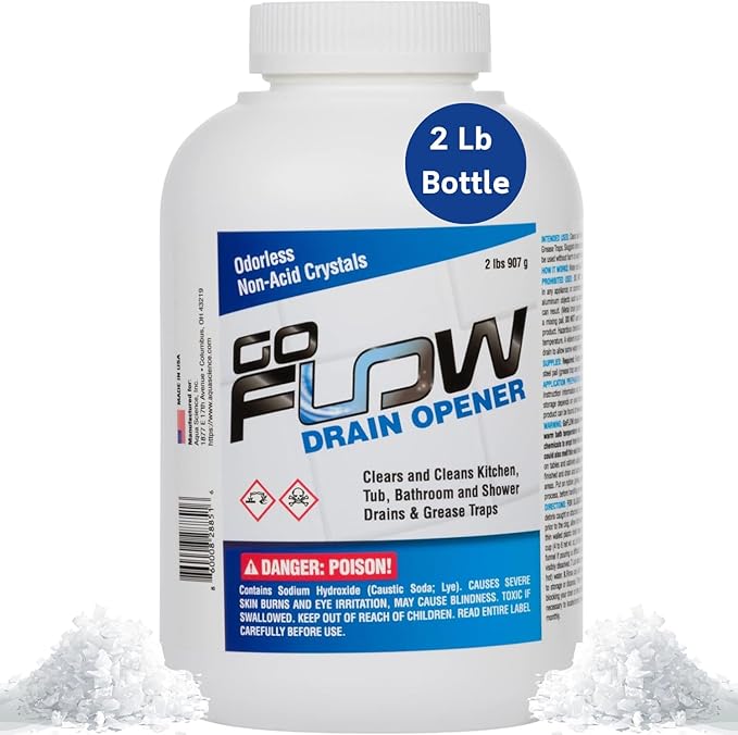 GoFlow Drain Cleaner Granules - 2 Pound Tub | Odorless Non-Acid Lye Crystal Cleaners That Work - Best Stinky Pipe Opener | Battle-Tested Drain Clear Granules - Made In USA