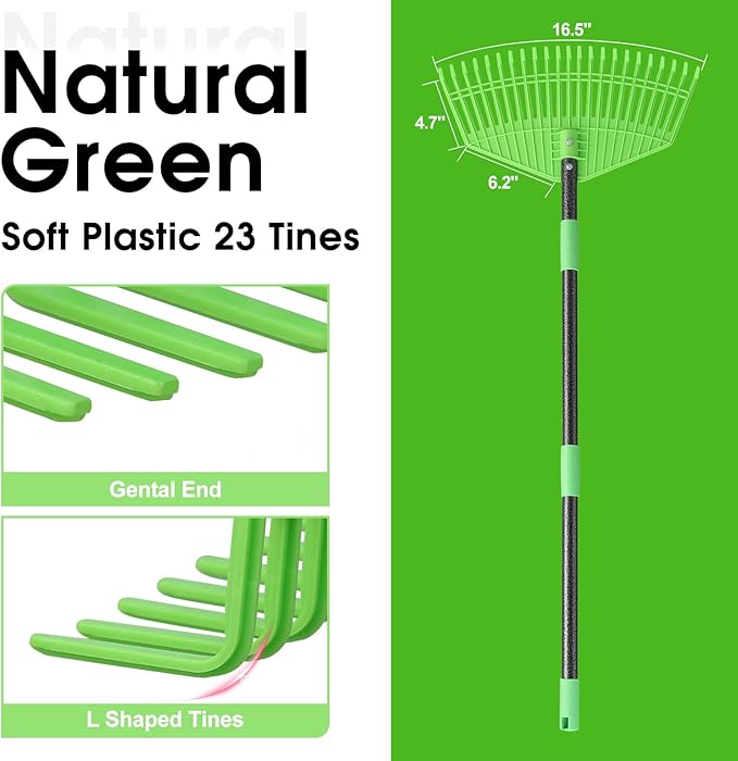 Garden Leaf Rake,16.5” Plastic Leaf Rake for Lawn,Unbreakable Nylon Head, No Harm to Lawn Grass,Yard Raking Tools for Turf Leaves Thatch Debris Pine Needle Cleanup, Lightweight for Kids Seniors