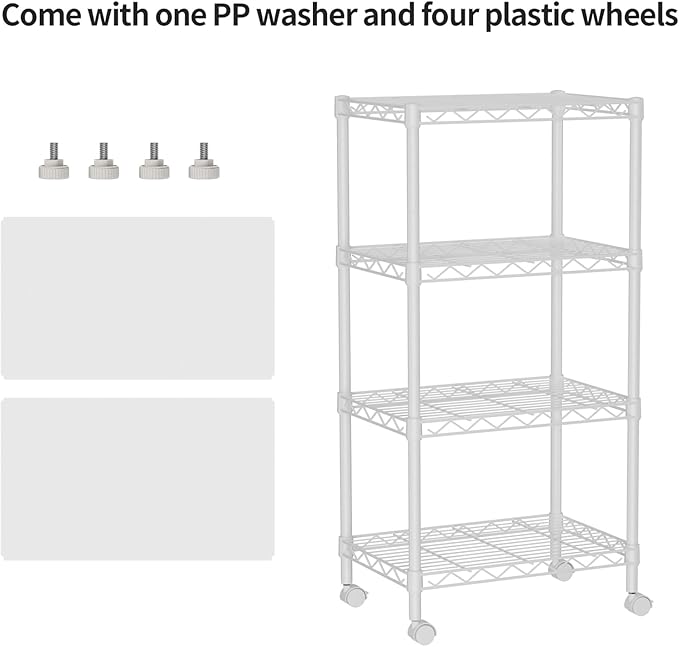 Golpart Small 4 Tier Shelves Storage Wire Shelving Unit Metal Shelf Adjustable Organizers Storage Shelving with Wheels for Bathroom Laundry Room Kitchen Pantry12”D x 18”W x 44.8”H White