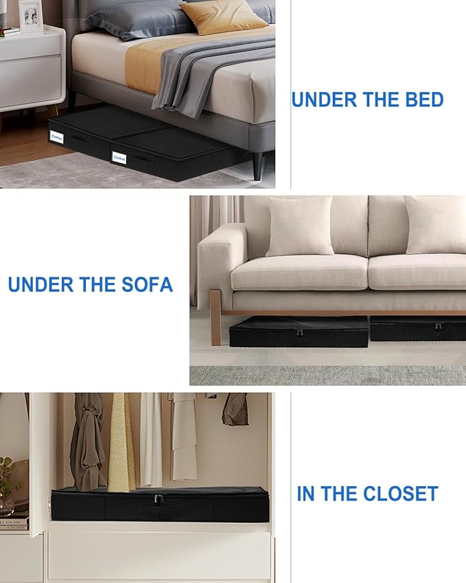 4.5-Inch Tall Under Bed Storage Containers, Low Profile Underbed Zipper Storage Bin, Shallow Under Bed Storage with Sturdy Side & Bottom Support, Linen Storage with Lid for Sofa and Dorm, 4 Pcs, Black