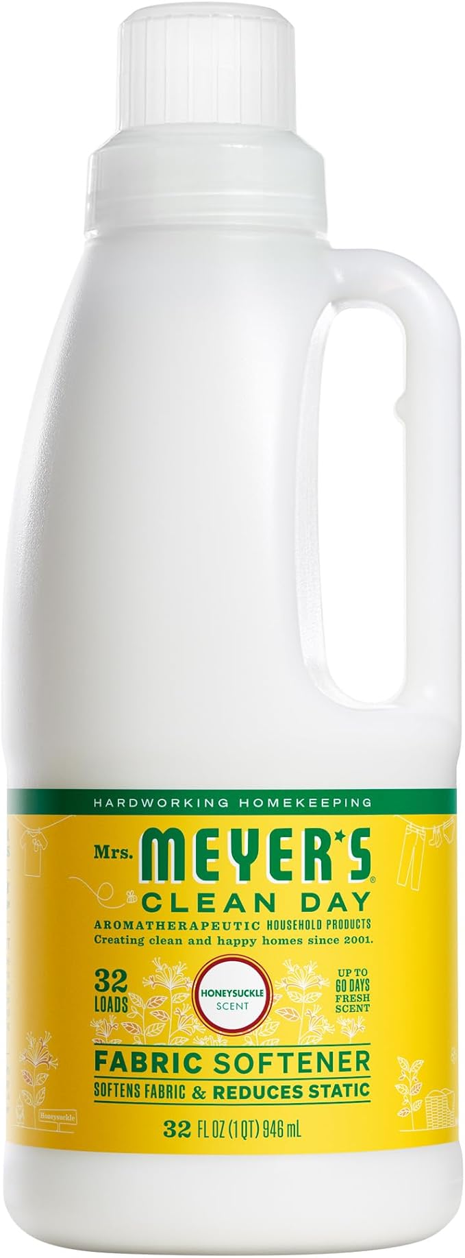 MRS. MEYER'S CLEAN DAY Liquid Fabric Softener, Infused with Essential Oils, Paraben Free, Honeysuckle, 32 oz (32 Loads)