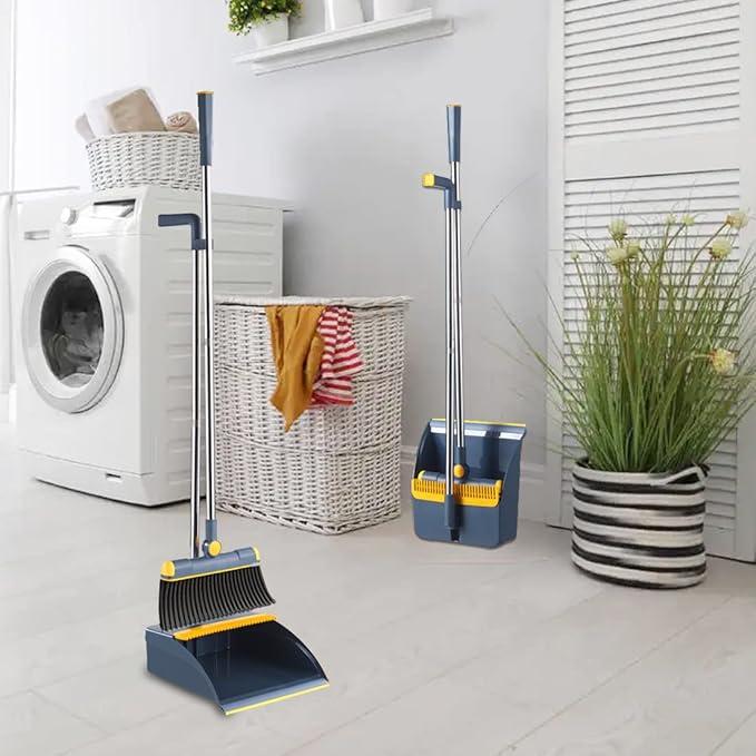 Broom and Dustpan Set for Home, Long Handle Dust Pan and Broom Combo for Indoor Outdoor Heavy Duty Dustpan Set for Kitchen Lobby Office Upright Standing Dustpan with Teeth (Blue)