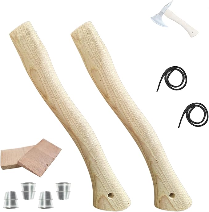2 PCS Replacement Axe Handle for Camping Gardening Axe, 13in Hickory Hatchet Handle Replacement with Wooden and Steel Wedges Camping Essentials