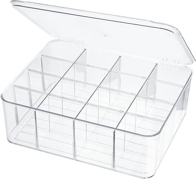 ZEXALOR Socks Underwear Drawer Organzier Dividers, 16 Compartment Removable Divided Plastic Storage Bin with Lid, Storage Organizer for Scarves Ties Bras, Clear Dresser Drawer Organizers
