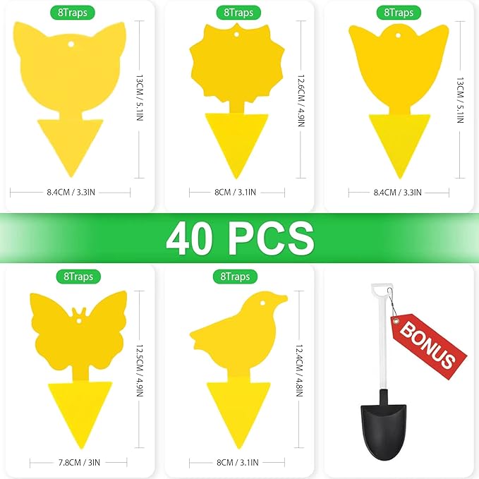 40 Pcs 5 Shapes Yellow Extremely Sticky Traps for Fungus Gnat, Fruit Fly, Fly, Whitefly, Flying Insect Catcher Traps for Houseplants, Kitchen, Indoor/Outdoor, Non-Toxic, Odorless, Pet and Kid Safe