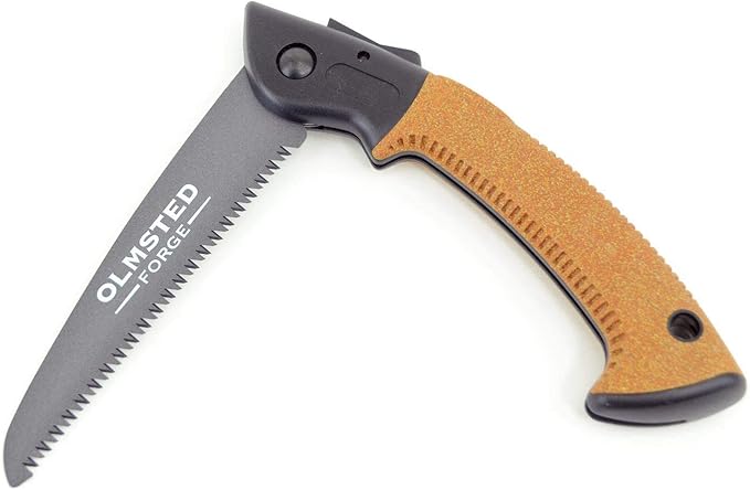 OLMSTED FORGE Hand Saw with 7 Inch Folding Blade and Push Button Lock - Portable Saw for Camping, Hiking, Hunting, Pruning, Tree Trimming, Cutting Branches