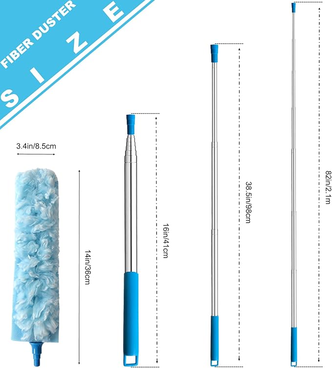 100 Inch Extended Handle Duster Heavy Duty Dusting 360° Duster Refills Kit, Microfibers Multi-Surface Dusters. Efficient Duster Kit for Cleaning Pet Hair, Home, Office, Blinds, Furniture (Blue)