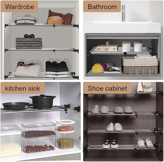 Hershii Expandable Closet Tension Shelf Rod Adjustable Metal Storage Rack Cabinet Organizer DIY Divider Separator Shelves for Wardrobe Cupboard Kitchen Bathroom, Black, 23.62-31.5inches