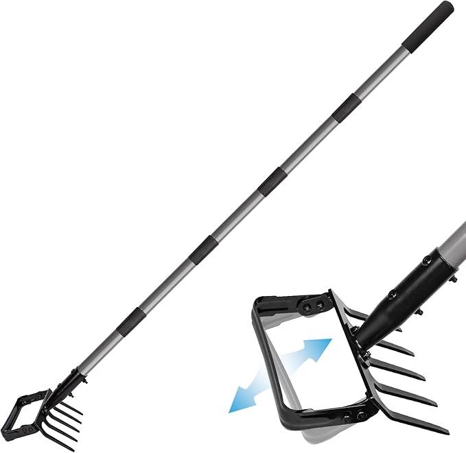 Suchtale 82 Inch Stirrup Hoe and 5-Tines Rake, Action Hoe for Weeding, 2 in 1 Scuffle Hoe with 37-82" Adjustable Handle, Cultivator for Loosening Soil, Loop Hoe for Garden Weeding and Planting