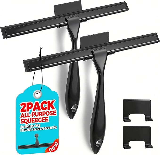 2PACK 11.5-Inch All-Purpose Shower Squeegee for Shower Doors, Bath Linen Sets, Tile Shower Walls, Bathroom, Window, Glass and Car Windshield, Mirrors and Kitchen-Stainless Steel, Black