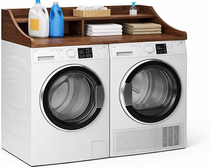 OAKHAM HOME 2-Tier Washer Dryer Countertop, 54" x 27.6" Washer Dryer Topper with Storage Shelf and Non-Slip Pads for Laundry Room Organization, Walnut