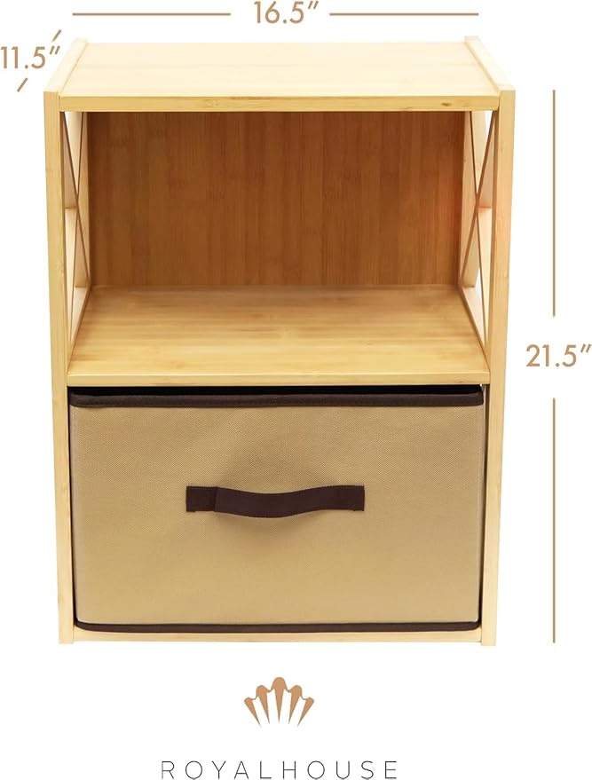 RoyalHouse 2-Tier Bamboo Storage Shelf with X-Design, Beige Fabric Drawer (2 Tier (11.5" D x 16.5" W x 21.5" H))