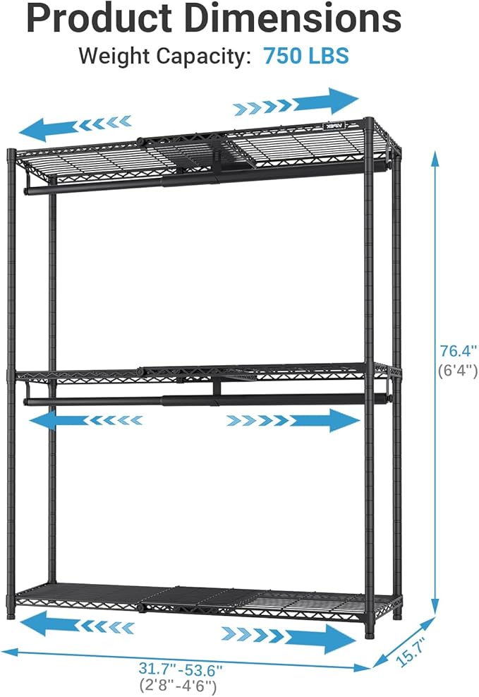 VIPEK X1 Plus Expandable Reach-in Closet Adjustable from 2'8" to 4'6" with Adjustable Shelves and Hanger Rods Clothes Rack Heavy Duty, Metal Clothing Racks Portable Walk-in Closet, Black