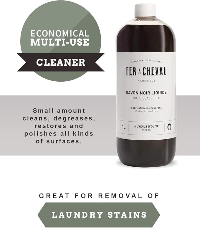 Fer à Cheval Liquid Black Soap All Purpose Cleaner with Olive Oil, Concentrated Multi-Use Cleaner for Home Surfaces, 1000 ml / 33.81 fl oz Black Soap Olive