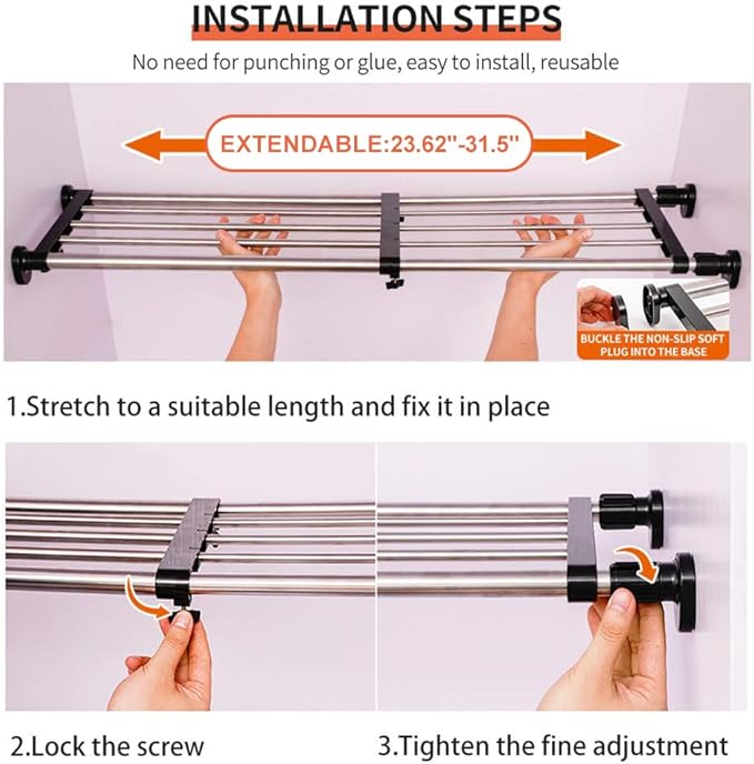 Hershii Expandable Closet Tension Shelf Rod Adjustable Metal Storage Rack Cabinet Organizer DIY Divider Separator Shelves for Wardrobe Cupboard Kitchen Bathroom, Black, 23.62-31.5inches