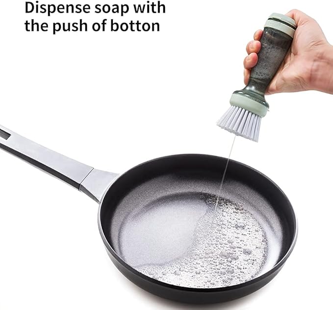 CQT Dish Brush with Soap Dispenser – One-Press Suds, Built-in Scrubbing Pad, Non-Slip Handle for Pots, Pans & Non-Stick Cookware – Includes 2 Refill Heads
