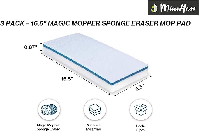 Magic Sponge Eraser Pad | Compatible with Most 16" Spray Mops, Libman & Reveal | Fit 16-18" Mops | 16.5" Magic Sponge Eraser | 3 Pack