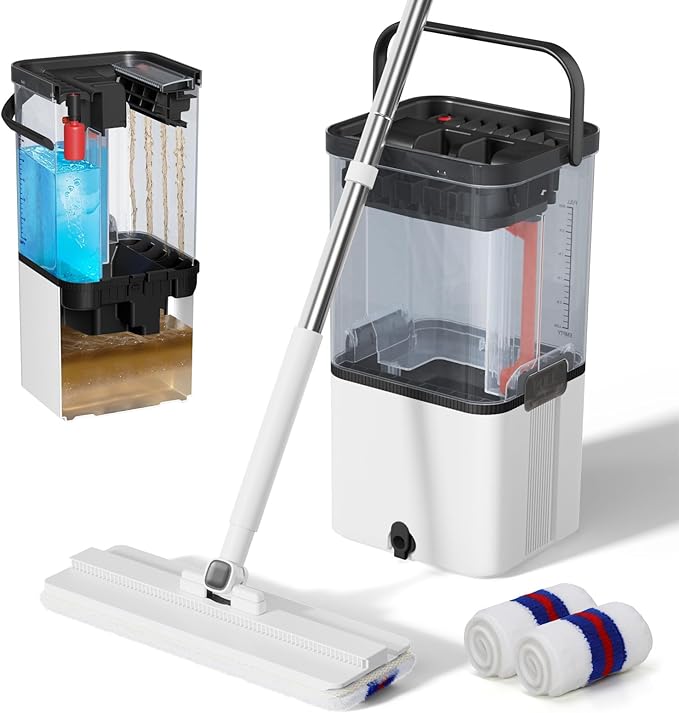2026 Upgraded Mop and Bucket Set,Midyb Microfiber Mops and Bucket System with 2 Pads,Mop and Bucket with Wringer Set,Automatic Separates Dirty and Clean Water,Wet and Dry Use Mops for Floor Cleaning