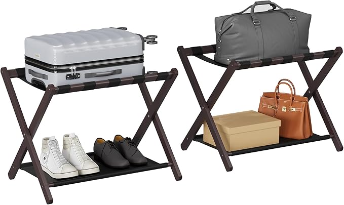 Smuxee Brown Bamboo Luggage Rack Pack of 2, Foldable Suitcase Stand with Storage Shelf, Easily Assembled Luggage Stand with 5 Nylon Straps for Guest Room Bedroom Hotel
