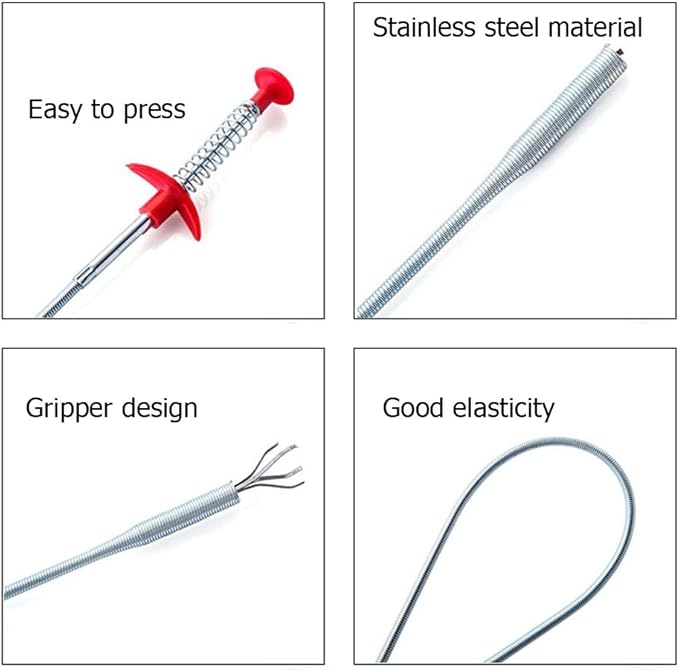 Kaxich Drain Clog Remover, 4pcs Stainless Steel Hair Catcher Clog Remover 23.6 Inch Spring Pipe Dredging Cleaning Tools Drain Relief Sewer Hair Cleaner for Kitchen Sink, Bathroom Tub, Toilet