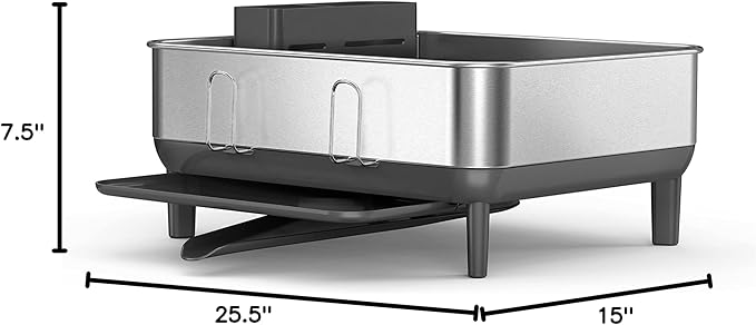 simplehuman Compact Dish Drying Rack with Stainless Steel Frame, 360º Easy Drain Swivel Spout, Utensil Holder, Anti-Residue Coating, Moisture Control Surface, Grey
