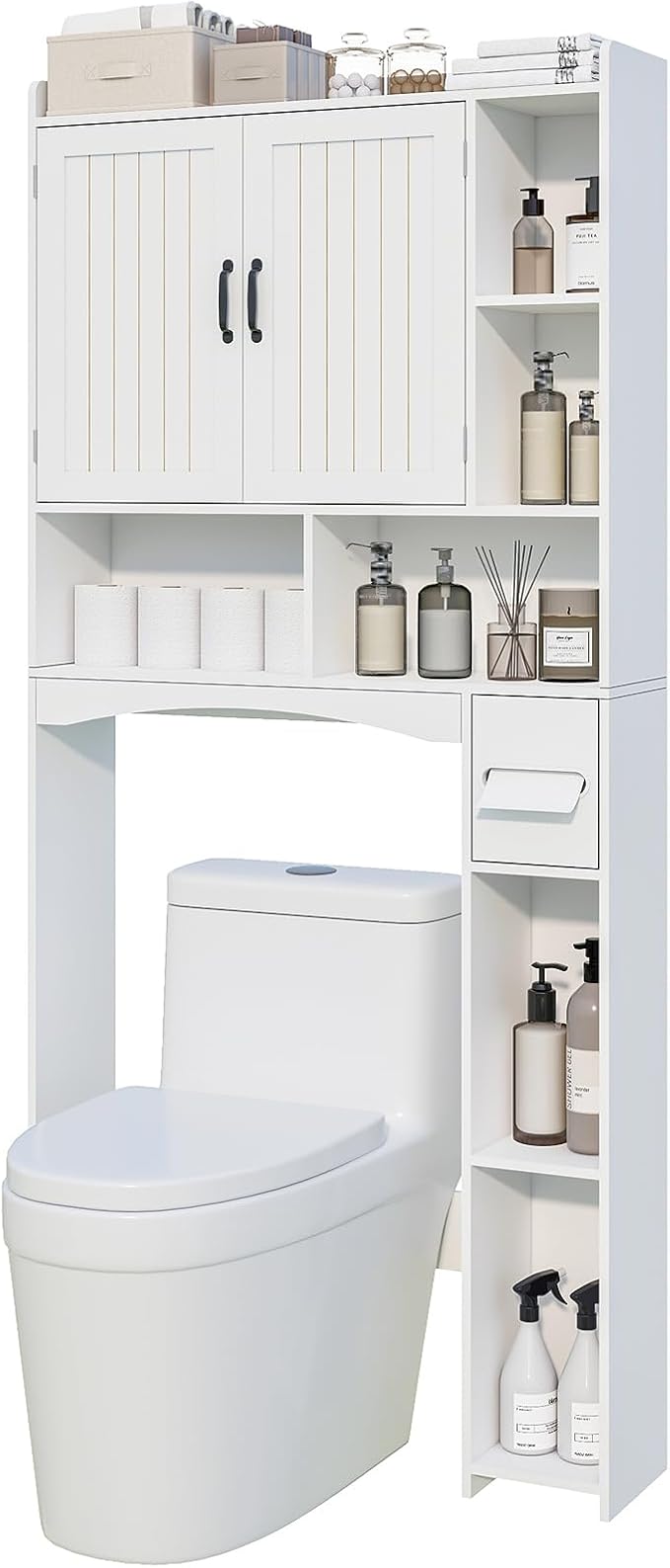 Viaozutis Over The Toilet Storage Cabinet, Over Toilet Bathroom Organizer, Bathroom Storage cabinets with Anti Tipping Devices, Storage cabinets with Toilet Paper Holders, for Bathroom, Laundr（White）
