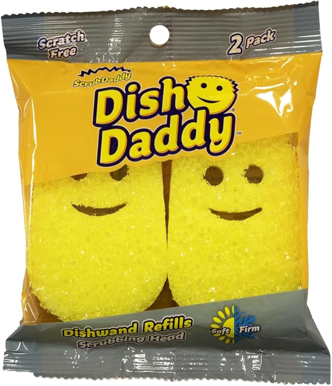 Scrub Daddy Dish Daddy Dish Wand & Refill Heads, Soap Dispensing Dish Brush, Texture Changing Washing Up Sponge With Liquid Handle, Dish Sponge with Built-in Scraper & Scrubbing Head, Drip stand, Blue