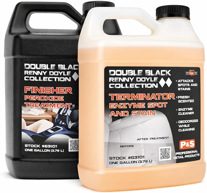 P&S Double Black Interior Cleaning Bundle – Terminator Enzyme Spot & Stain Remover + Finisher Peroxide Treatment, Professional Carpet, Upholstery & Odor Eliminator System (1 Gallon Each)